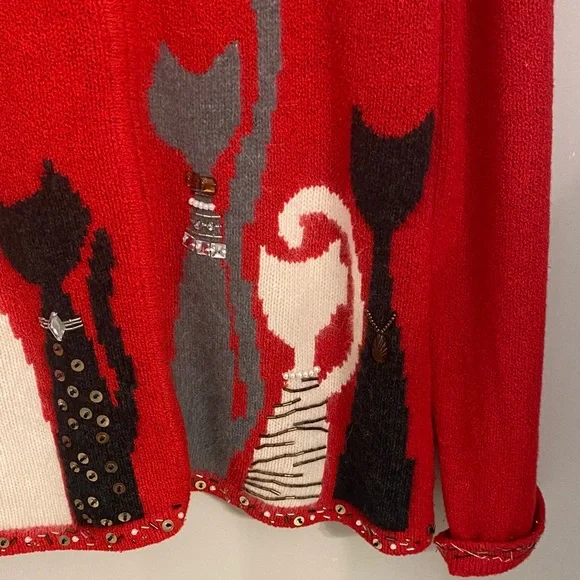 Coldwater Creek Vibrant Red Cat Design Cardigan - Picture 4 of 6